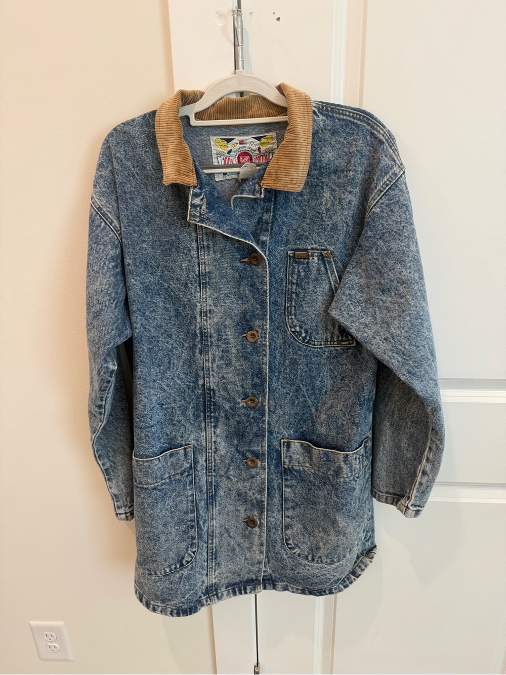 Vintage 80s Lee Denim Stone Acid Wash Trench Barn Coat Corduroy Collar Size M